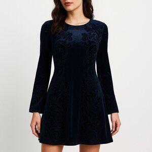 Eliza J (NWOT) Women's Navy Blue Velvet Burnout Long Sleeve A-Line Dress 4